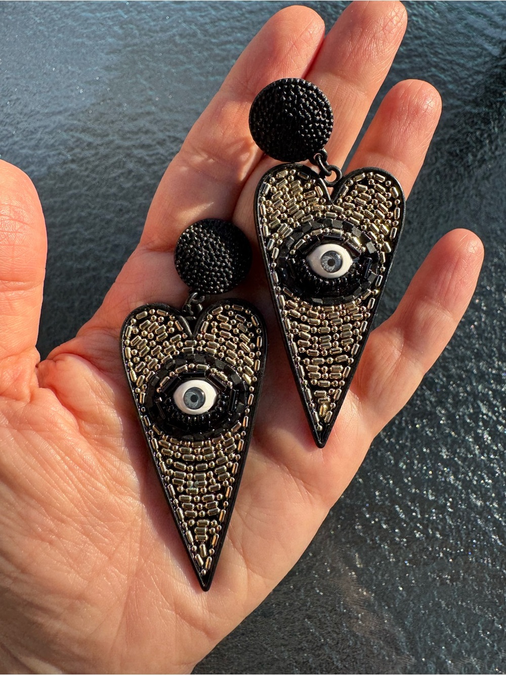 Black and Gold Heart Evil Eye Drop Earrings Dark Aesthetic Maximalist Gothic